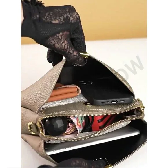 Genuine Leather Bucket Tote Minimalist Chic 3-Way Strap Work Purse Crossbody